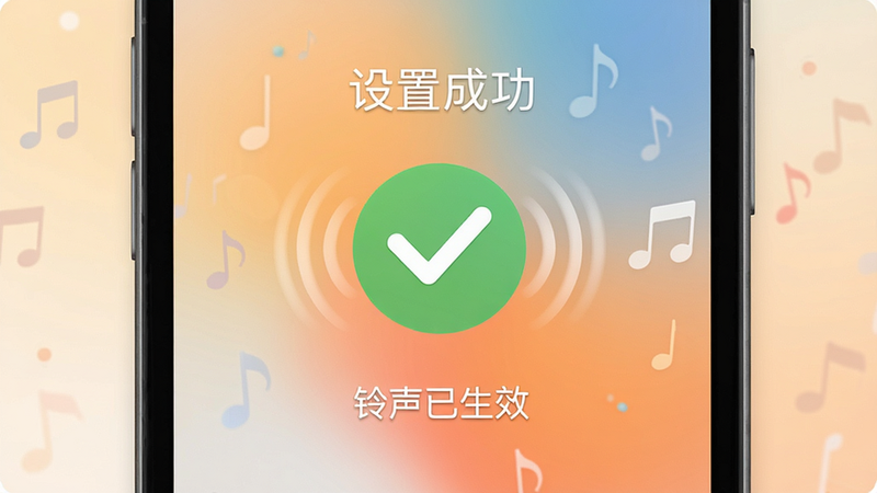 一张手机铃声设置完成的提示界面图,主体为手机屏幕,显示'设置成功'的对勾图标。布局居中,背景为柔和的渐变色。风格温馨,简洁。细节显示对勾动画效果,文字包含'铃声已生效'。画质柔和,干净,无多余元素。