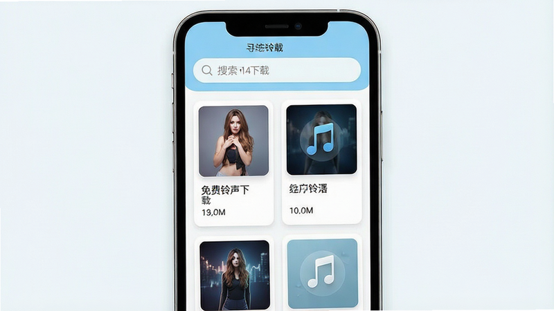 一张高清的手机应用界面预览图,主体为手机屏幕,显示'免费铃声下载'APP的主页界面。布局采用卡片式列表设计,顶部有搜索栏,下方整齐排列着多个铃声卡片,每个卡片包含歌曲封面、名称和时长。风格现代简约,配色清新,以白色和浅蓝色为主。细节丰富,字体清晰,无多余装饰元素,画质高清,干净,无多余元素,文字内容包含'免费铃声下载'。