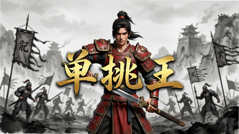主体为《单挑王》游戏主界面,布局采用中央对称式构图,中心展示一位身穿红色战甲的武侠角色持剑站立,背景为水墨风格的古战场,排版清晰,风格为3D写实渲染,细节丰富,画质4K,干净无多余元素,文字“单挑王”以金色书法字体居中显示,无水印