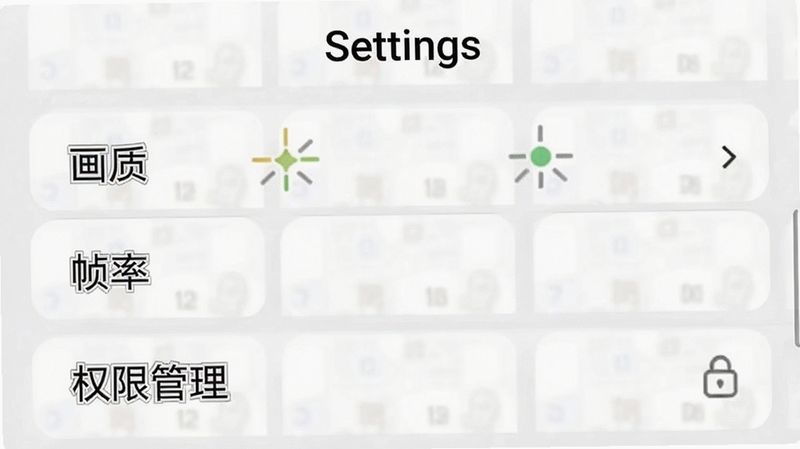 主体为手机界面设置页面,布局为垂直列表形式,风格为扁平化UI设计,细节展示“画质”、“帧率”、“权限管理”等选项,画质清晰,干净,无多余元素,文字“Settings”以黑色字体位于顶部,无水印