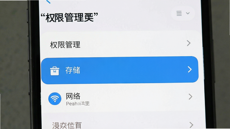 主体为手机设置界面,显示权限管理列表,布局为垂直列表,高亮“存储”与“网络”选项,风格为扁平化UI,细节清晰,画质高,干净,文字加引号“权限管理”