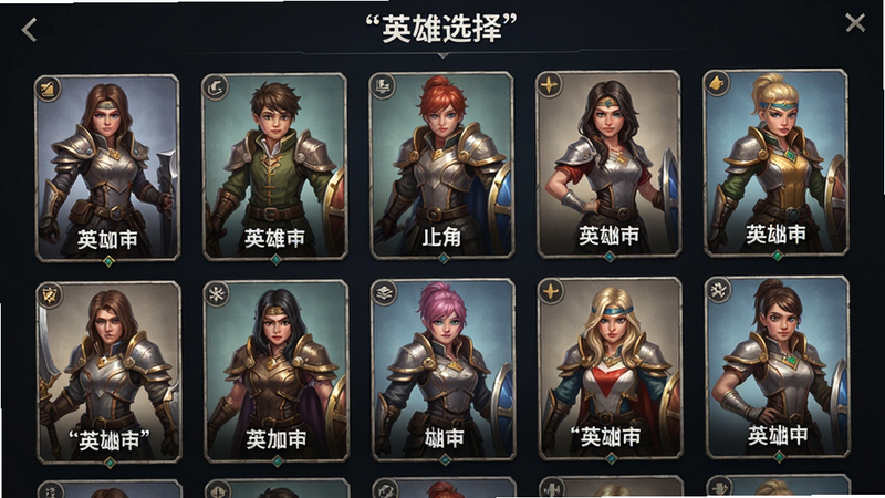 主体为英雄选择界面,布局为网格状展示多个角色卡片,每个卡片上有角色立绘与名称,风格为游戏UI设计,细节丰富,画质清晰,干净,文字加引号“英雄选择”