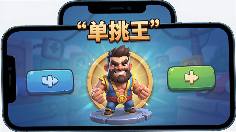 主体为手机屏幕特写,显示游戏“单挑王”主界面,布局为中央角色展示,两侧为对战按钮,排版简洁现代,风格为卡通渲染,细节丰富,画质高清,干净无多余元素,文字加引号“单挑王”
