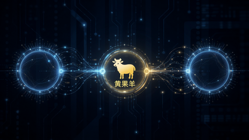 抽象概念图,展示两个由线条连接的圆形节点,中间通过一个发光的“黄果羊”图标相连,背景为深蓝色科技风,象征精准连接与智能匹配,构图中心对称,线条流畅,细节丰富,画质极高,无文字干扰