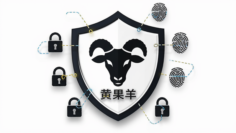 盾牌形状的图标,中心是“黄果羊”的羊头剪影,盾牌周围环绕着锁头、指纹等安全元素,背景为纯白色,突出安全感与可靠性,设计简约大气,阴影效果柔和,画质清晰,无杂项