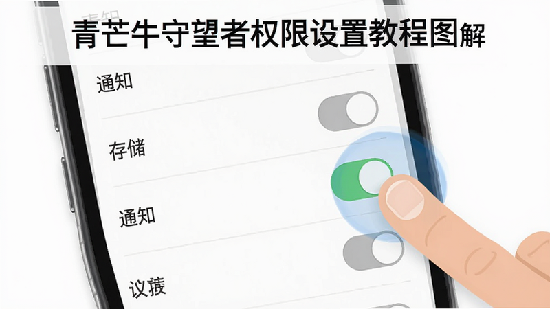 青芒牛守望者权限设置教程图解,手机屏幕显示权限列表界面,手指图标指向“存储”和“通知”权限开关,其他权限开关显示为灰色禁用状态,背景简洁白色,文字标注清晰,风格为扁平化教程风,细节展示手指点击的动态效果,画质高清,干净,无多余元素