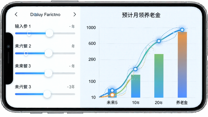 չʾ�ֻ�APP�ڵĲ�����ҳ�棬���Ϊ����������飬�Ҳ�Ϊ��״ͼչʾδ��5�ꡢ10�ꡢ20������Ͻ�Ԥ�����ߣ�����Ϊ����ɫ���񣬷��Ƽ��У�ϸ�ڷḻ�����壬��������
