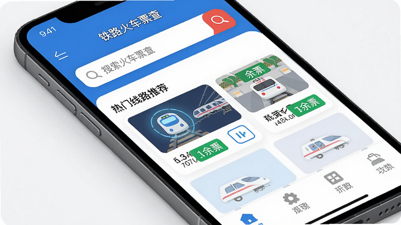 主体为手机屏幕界面,显示“铁路火车票查”APP首页,布局清晰,顶部为搜索栏,中部为热门线路推荐,底部为功能导航,风格为扁平化现代UI设计,细节包含高亮显示的列车图标和绿色余票标签,画质4k,干净,无多余元素