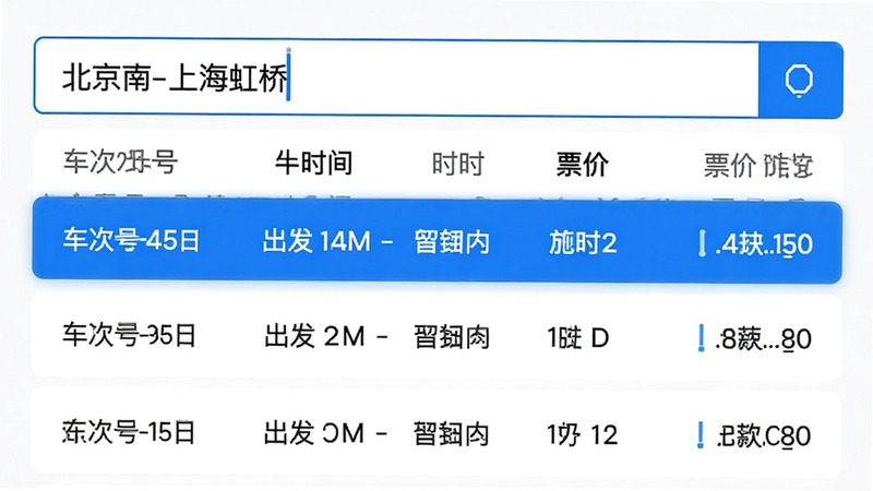 主体为软件搜索界面,输入框内显示“北京南-上海虹桥”,下方列表展示多趟车次,包含车次号、出发时间、到达时间、历时及票价,布局紧凑有序,风格科技感,细节包含蓝色选中状态的高亮条,画质高清,干净,无多余元素