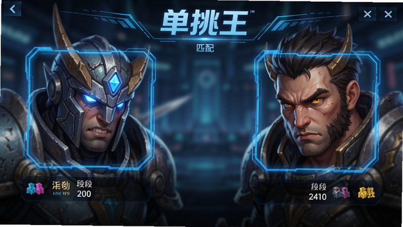展示《单挑王》匹配界面,主体为两个相对峙的英雄头像,布局左右对称,排版居中,风格为科技感蓝色光效,细节显示双方段位与ID,画质高清,背景虚化,突出角色特征,无多余干扰元素