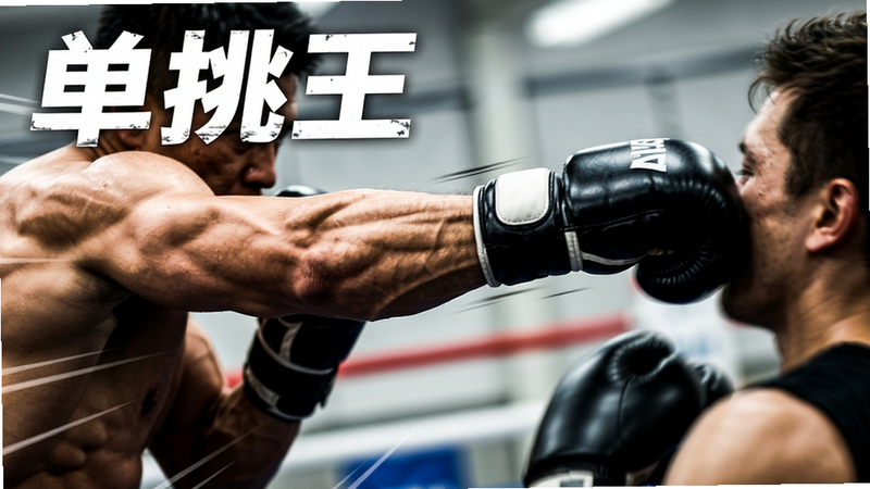 特写《单挑王》战斗瞬间,主体为一个角色挥拳击中对手的动态画面,布局聚焦于肢体接触点,排版动态感强,风格为高速摄影质感,细节展现肌肉张力与速度线,画质锐利,背景模糊以突出主体,干净无杂乱