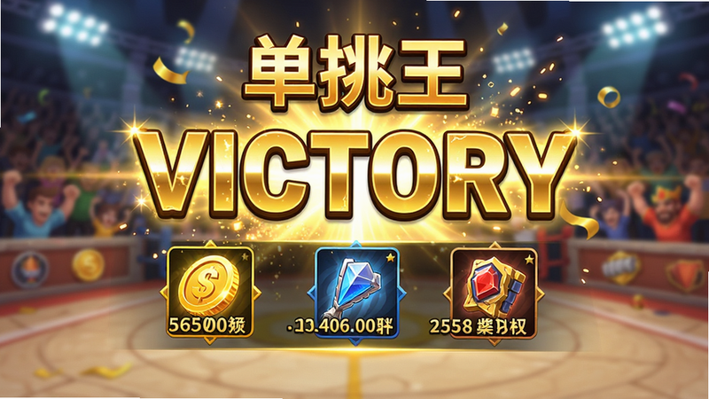 展示《单挑王》胜利结算画面,主体为“VICTORY”字样与获得奖励的图标,布局中心突出,排版喜庆,风格为金色光效与粒子特效,细节展示金币与经验值数值,画质亮丽,背景为模糊的竞技场,无多余文字干扰
