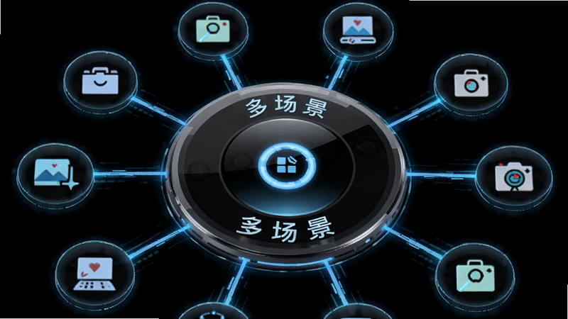 主体为环形模式选择器,中心显示当前模式图标,周围环绕不同场景图标,布局中心辐射状,风格科技感强,细节包含发光线条连接各模式,文字