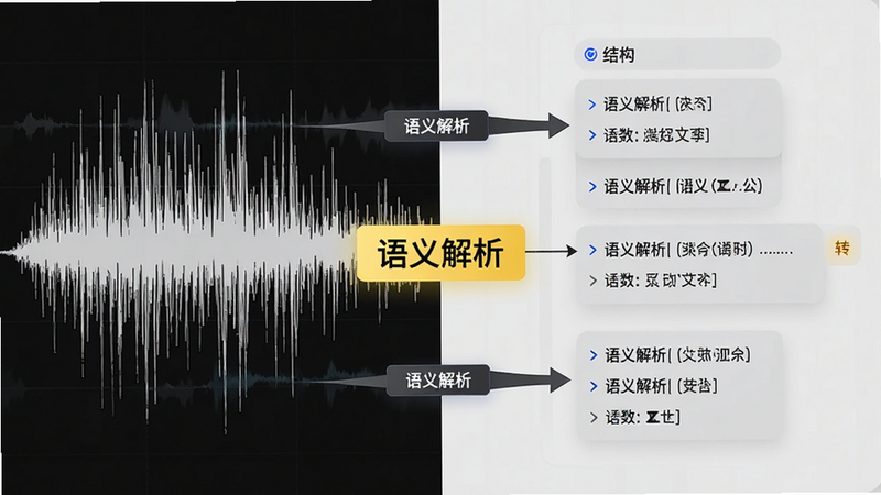 主体为分屏对比图,左侧显示杂乱语音波形,右侧显示结构化文本列表,布局左右均衡,风格现代极简,细节展示箭头连接语音与文字转换过程,文字