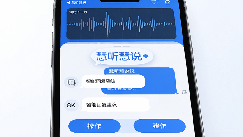 主体为手机界面展示慧听慧说APP核心功能,布局清晰,顶部显示实时语音波形图,中部为对话气泡展示智能回复建议,底部为操作按钮,风格简约科技蓝白配色,细节包含高清UI图标,画质8k,干净无多余元素,文字