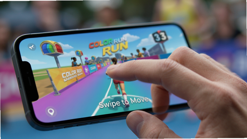主体为一只手在智能手机屏幕上滑动操作Color Run 3D游戏,布局特写手部与屏幕,背景虚化,风格科技感与现实结合,细节展示手指滑动的动态模糊,画质清晰,干净无多余元素,文字