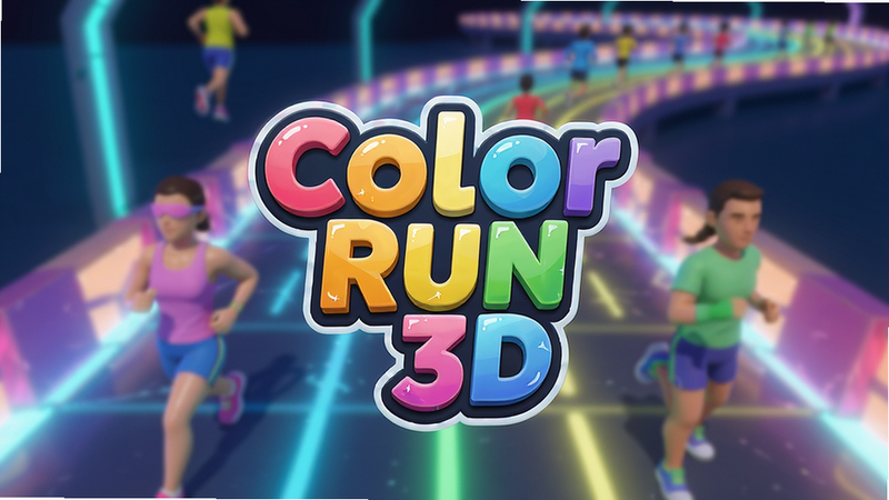 主体为Color Run 3D游戏主界面,布局居中显示游戏Logo,背景是模糊的3D霓虹赛道,排版简洁现代,风格清新明亮,细节展现光滑的3D模型质感,画质高清,干净无多余元素,文字