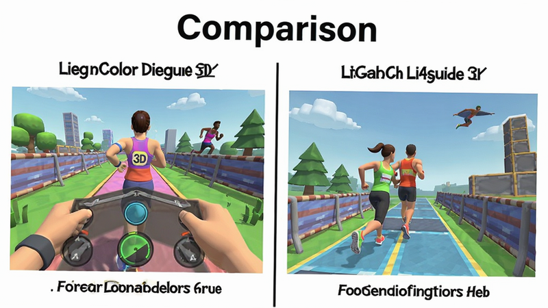 主体为Color Run 3D与其他跑酷游戏的对比图表,布局左右分栏,背景为白色,风格信息图表,细节展示两者操作差异,画质清晰,干净无多余元素,文字