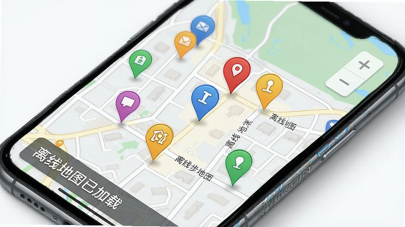 逸旅行步离线地图界面,手机屏幕显示地图视图,地图上标注多个彩色图钉,分别代表不同类别的地点,左下角显示“离线地图已加载”状态提示,右上角有缩放控件,地图风格简洁,街道名称清晰,无广告横幅,界面整洁,科技感与实用主义结合,高清渲染,细节精致