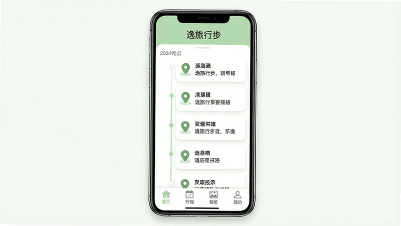 逸旅行步APP主界面预览图,手机竖屏展示,UI风格清新简约,白色背景搭配淡绿色点缀,顶部显示软件名称“逸旅行步”,中间区域展示时间轴形式的行程列表,每项包含日期、地点图标和简短描述,底部有“首页”、“行程”、“相册”、“我的”四个导航图标,画面清晰,无多余水印,高清数字插画风格,干净布局,细节丰富,质感真实