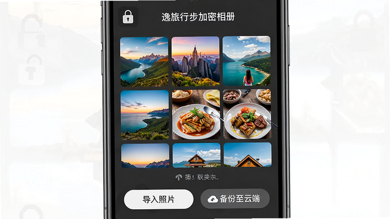 逸旅行步加密相册界面,手机屏幕显示网格状照片缩略图,左上角有锁形图标表示加密状态,底部有“导入照片”和“备份至云端”按钮,照片内容为风景和美食,色彩鲜艳,界面操作提示友好,背景深灰色以衬托照片,安全感和私密性视觉表达,高清画质,无水印,布局规整
