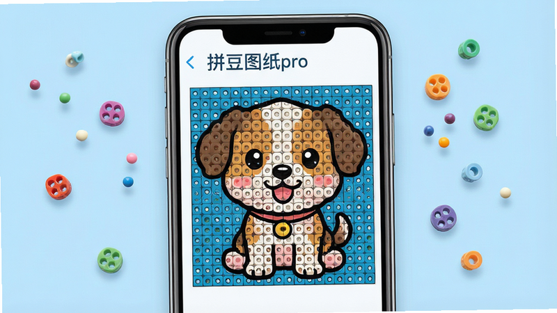 一张高分辨率的拼豆图纸pro软件界面展示图,主体为手机屏幕,屏幕中央显示一张可爱的卡通小狗拼豆网格图,背景为干净的浅蓝色,周围漂浮着几个彩色的拼豆颗粒,排版整洁,风格清新可爱,细节清晰,画质高清,无多余元素,文字为