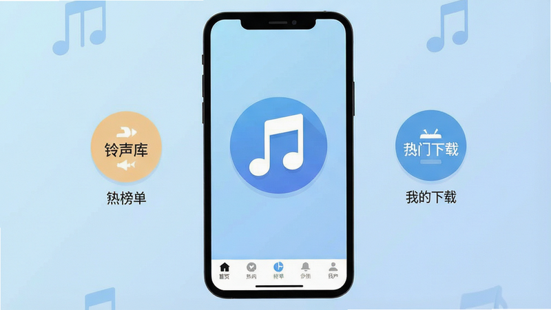 һ��չʾ������������ء�APP����ı�ƽ�����ͼ������Ϊ�ֻ���Ļ������Ϊ��͵�ǳ��ɫ���䡣��Ļ������ʾһ���޴������ͼ�꣬��Χ�����š������⡱�������Ű񵥡������ҵ����ء�����Բ�ι�����ڡ��ײ������������ɼ������������ִ����޶���װ�Σ����廭�ʣ�UIԪ�����������ֱ�ǩΪ���ġ�