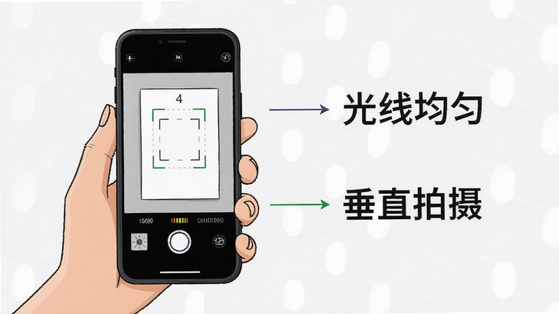 用户操作教程示意图,主体为一只手拿着手机拍摄A4纸,屏幕显示对焦框和测光表,旁边标注文字