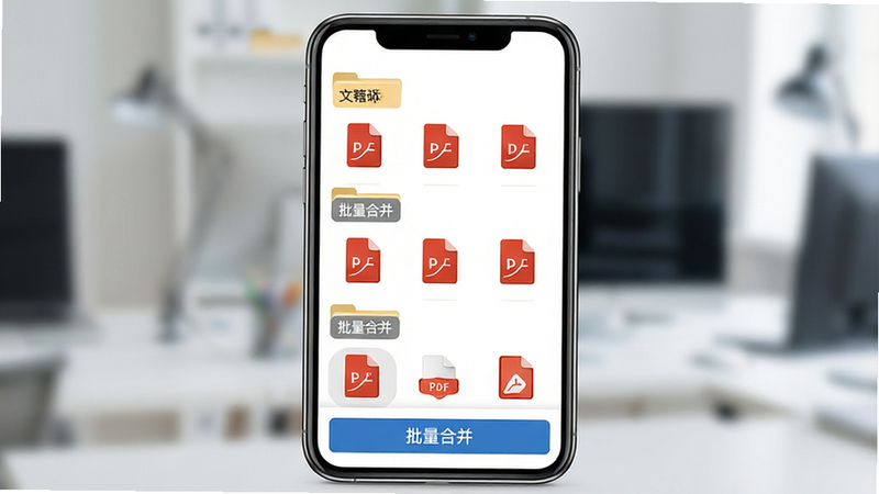文档库管理界面展示,主体为手机文件列表,显示多个PDF图标,带有文件夹分类标签,底部显示