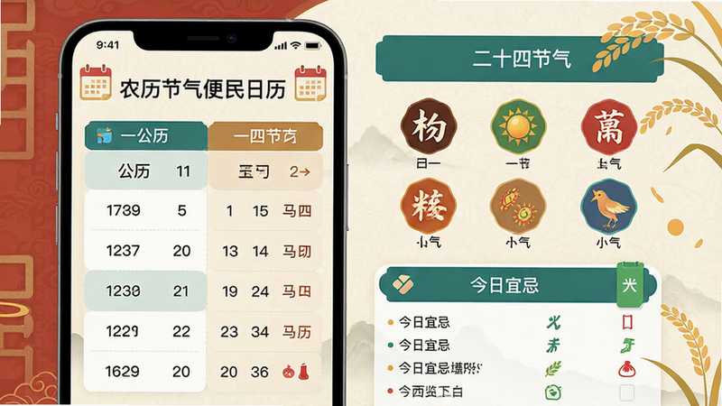 Boogu-Image 风格,主体为“农历节气便民日历”APP 界面展示,布局清晰,左侧显示公历与农历日期对比,右侧突出显示“二十四节气”图标与“今日宜忌”列表,排版整洁有序,采用传统中式配色但保持现代扁平化风格,细节处有稻穗、日历图标点缀,画质高清,干净,无多余元素,文字清晰可见“农历节气便民日历”