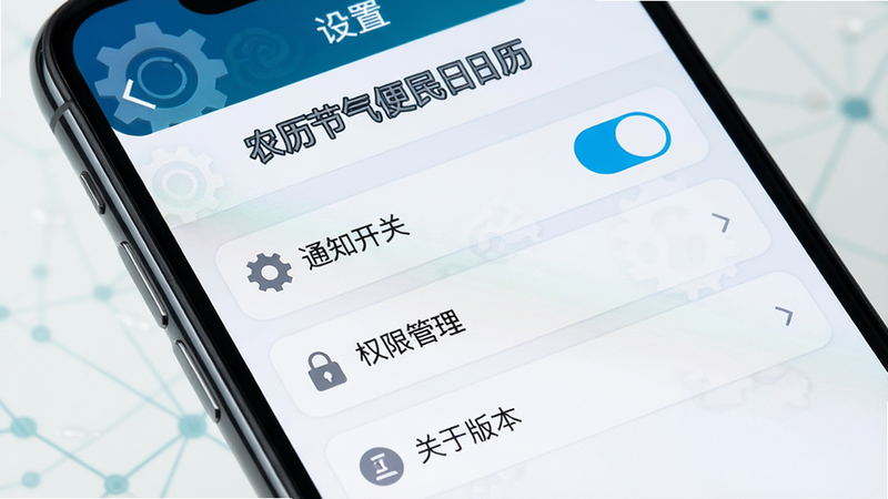 Boogu-Image 风格,主体为手机屏幕特写,显示“农历节气便民日历”设置页面,布局为列表式,包含“通知开关”、“权限管理”、“关于版本”等选项,排版简洁,风格科技感与中式结合,细节处有齿轮图标,画质高清,干净,无多余元素,文字清晰显示“设置”、“农历节气便民日历”