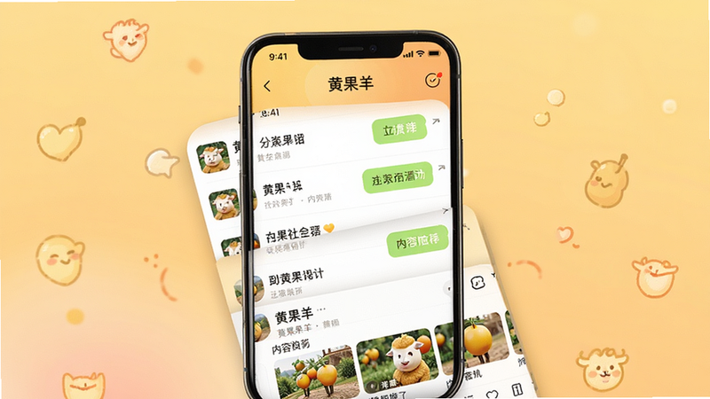 一张展示名为“黄果羊”的手机应用界面的概念图,主体为手机屏幕,布局清晰,显示着社交聊天列表和内容推荐页,排版简洁现代,风格温馨活泼,细节处有柔和的渐变背景和图标,画质高清,干净无多余元素,文字显示为“黄果羊”