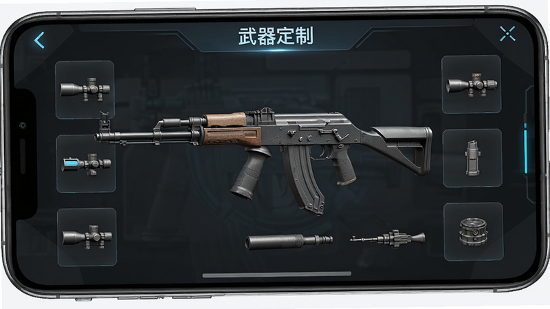 一张展示枪械改装界面的手机屏幕图,中间是一把AK系列步枪的3D模型,周围环绕着可更换的配件图标,如瞄准镜、消音器,UI设计现代且科技感强,背景为深色半透明,突出