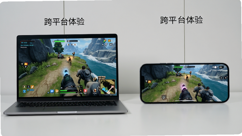 两部设备对比图,左边是笔记本电脑屏幕显示游戏画面,右边是手机屏幕显示相同场景,突出