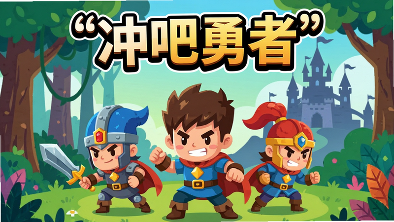 主体为一款名为《冲吧勇者》的手机游戏宣传海报,布局采用中心构图,画面中央是几个Q版卡通英雄角色摆出战斗姿态,背景是充满奇幻色彩的森林与城堡剪影,排版简洁大方,顶部有醒目的游戏Logo,风格为2D扁平化卡通风格,色彩明亮鲜艳,细节丰富,画质高清,干净无多余元素,文字“冲吧勇者”加引号