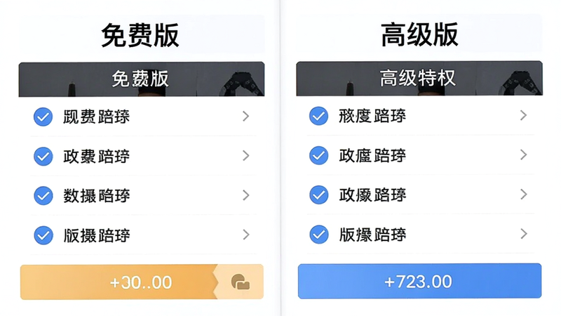 ����Ϊ�Ʊʼ�APP�İ汾�ԱȽ��棬����Ϊ˫�����ձ��������ʾ��Ѱ湦���б����Ҳ���ʾ�߼�����Ȩ�б����Ű�������룬���Ϊ�ִ�����磬ϸ�ڰ�����ѡͼ��ͼ۸��ǩ�������������ɾ�������ͼƬ��Ƕ������