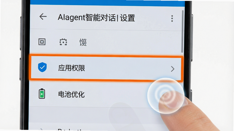 一张展示手机设置界面的截图,高亮显示“应用权限”和“电池优化”选项,主体为安卓系统设置菜单,布局清晰,排版标准,风格为UI设计展示,细节处有手指点击特效,高清画质,干净背景,文字内容包含