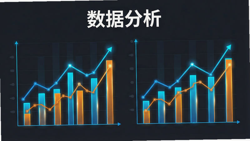 一张数据可视化界面图,主体为两个并列的柱状图和折线图,背景为深灰色,图表线条为亮蓝色和橙色,文字