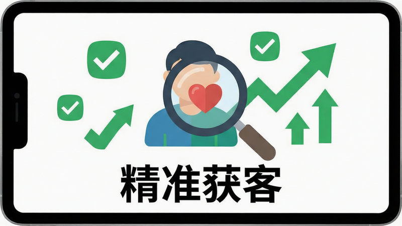 一张扁平化设计的功能示意图,主体为一个抽象的人形图标正在被一个带有心形的放大镜扫描,背景为白色,周围环绕着绿色的勾选标记和上升的数据箭头,文字