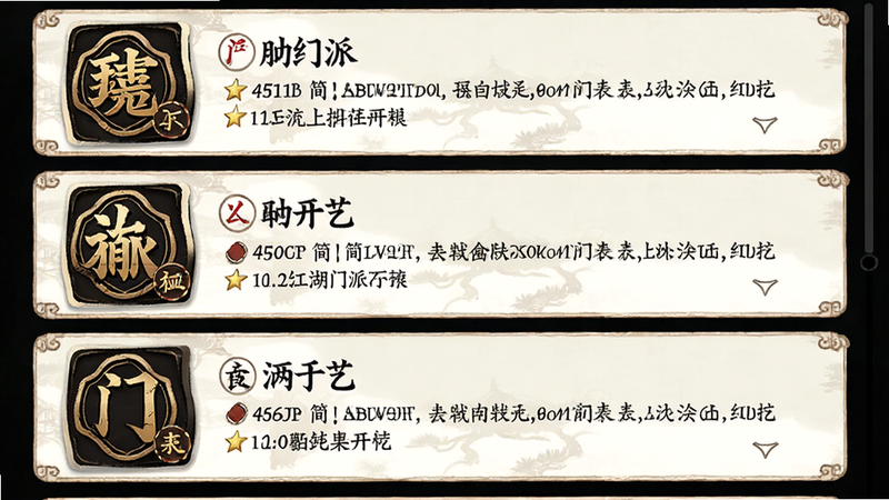 主体为放置江湖门派列表界面,布局为垂直滚动列表,每个门派图标旁显示门派名称与简介,风格为传统中式图标设计,排版清晰,细节包含门派徽章与等级标识,画质清晰,干净,无多余元素