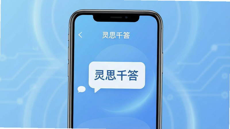 一张展示“灵思千答”App核心界面的概念图,主体为手机屏幕,屏幕中央显示着对话气泡,背景是柔和的科技蓝渐变,布局简洁现代,排版清晰,风格扁平化,细节处有微弱的光晕效果,画质高清,干净,无多余元素,文字“灵思千答”清晰可见