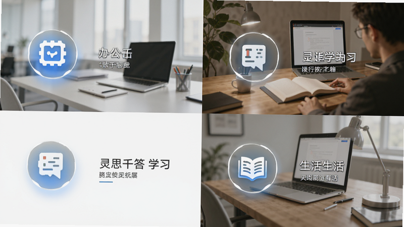 展示灵思千答在不同场景下应用的拼贴图,包括办公、学习、生活三个板块,每个板块都有对应的图标和简短说明,布局呈网格状,排版整齐,风格商务简约,细节处有图标的高亮效果,画质高清,干净,无多余元素