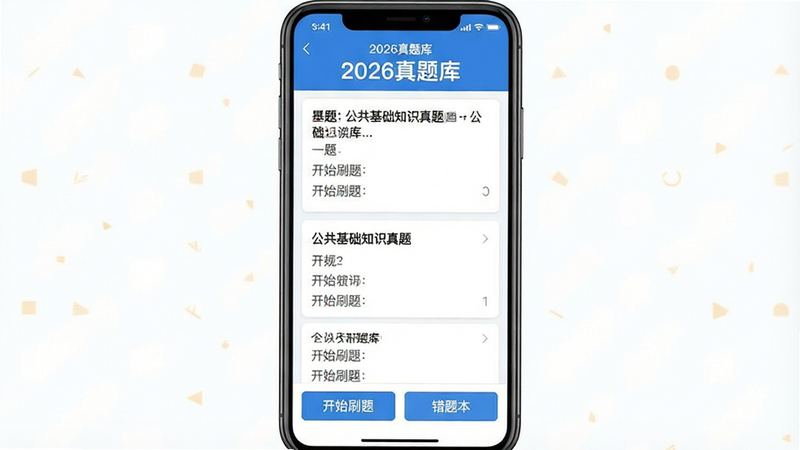 一张展示“公共基础知识真题”APP界面的高清截图,主体为手机屏幕,布局清晰,顶部显示“2026真题库”标题,中间是列表形式的题目卡片,包含题干和选项,底部有“开始刷题”和“错题本”按钮,风格为扁平化极简设计,色调以蓝色和白色为主,细节清晰,画质干净,无多余元素,文字清晰可见