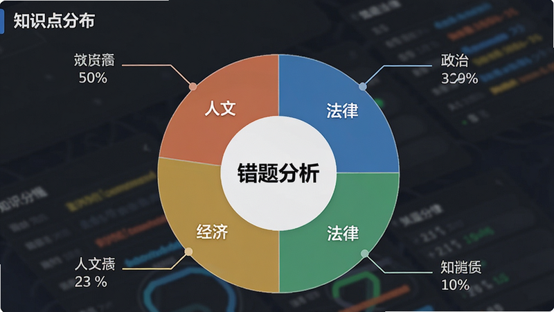 一个图表界面,展示用户的错题分布饼图,中心显示“错题分析”,周围有四个扇区分别代表政治、法律、经济、人文,颜色各异,风格为数据可视化图表,布局平衡,细节处有连接线指向具体数值,画质清晰,干净,无多余元素,文字包含
