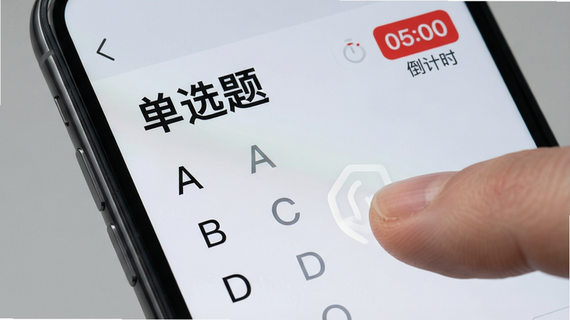 手机屏幕特写,显示一道单选题的界面,题干字体加粗,下方有A、B、C、D四个选项,右上角有一个红色的倒计时图标显示“05:00”,背景为浅灰色,风格现代简洁,细节处有手指点击选项的示意,画质高清,干净,无多余元素,文字包含