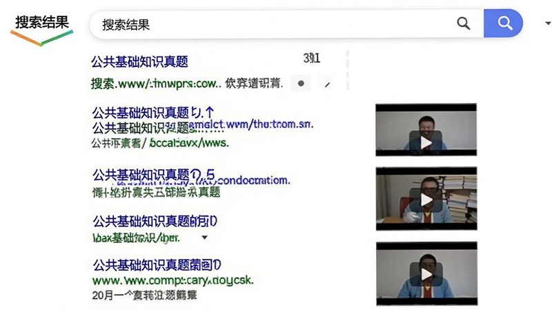 一个搜索结果界面,显示关键词“公共基础知识真题”,下方列出多个相关文档和视频链接,风格为搜索引擎结果页,布局列表式,细节处有蓝色超链接文字,画质清晰,干净,无多余元素,文字包含