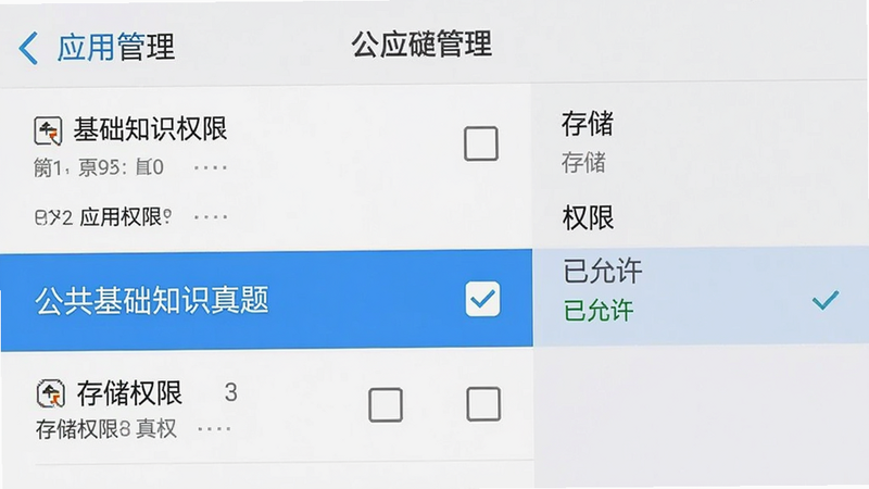 手机设置界面截图,显示“应用管理”列表,其中“公共基础知识真题”被高亮选中,右侧有“存储”和“权限”选项,风格为系统原生界面,布局垂直排列,细节处有勾选框显示已授权,画质清晰,干净,无多余元素,文字包含