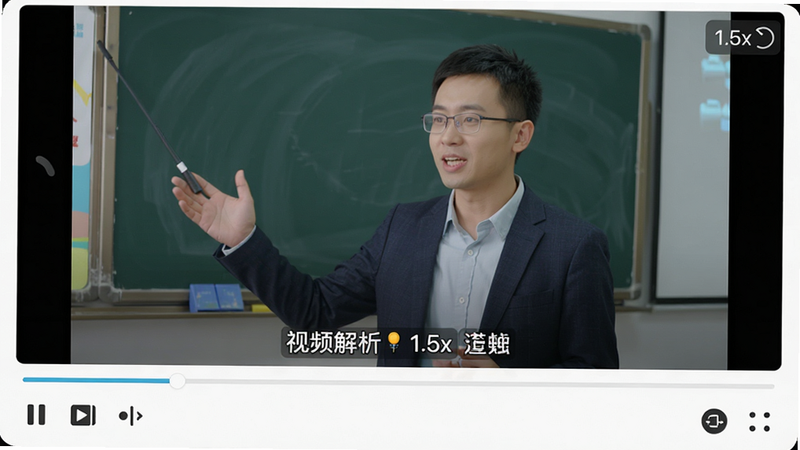 一个视频播放器的界面,中间是一个正在播放的讲课画面,下方有进度条和播放控制按钮,右上角有“1.5x”倍速标识,风格为教育类应用界面,布局紧凑,细节处有字幕显示在视频下方,画质高清,干净,无多余元素,文字包含