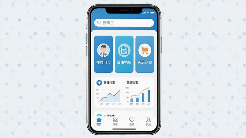 ����Ϊ�����ֻ���Ļ����ʾ��ҽ��APP���棬��������������Ϊ���������в�Ϊ���������������������������ҩƷ�̳ǡ��������ģ����ڣ��ײ�Ϊ���������Ű���ñ�ƽ����Ʒ����ɫ��ҽ�����Ͱ�ɫΪ��������רҵ��ྻ�С�ϸ�ڴ���������ҽ��ͷ��ͼ��ͽ�������ͼ�������ʸ��壬�ɾ��޶���Ԫ�أ����������ɼ�