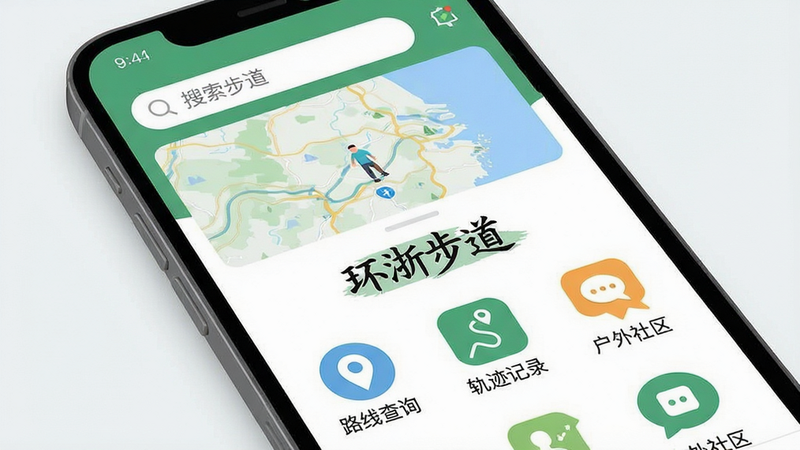 一张高清扁平化风格的手机应用界面展示图,主体为“环浙步道”APP首页,布局清晰,上方是搜索栏与地图预览,中间展示“环浙步道”字样,下方排列着“路线查询”、“轨迹记录”、“户外社区”等核心功能图标,风格简约现代,细节精致,画质高清,干净无多余元素